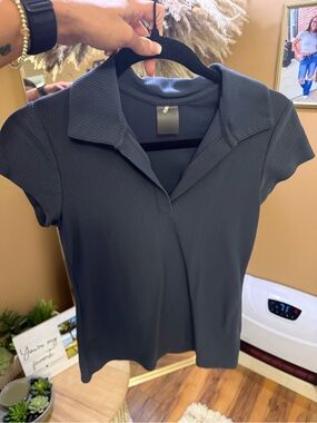 Ribbed Collared Short-Sleeve Top — Rusty Blue